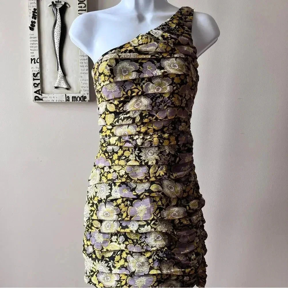 Zara Floral Chiffon Ruched One Shoulder Mini Dress Size XS